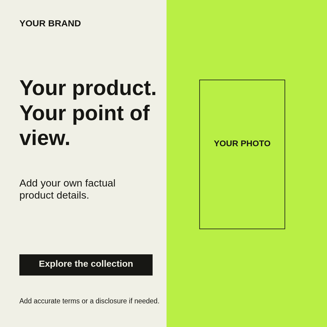 Actual split-shelf layout export with a photo placeholder and editable sample copy
