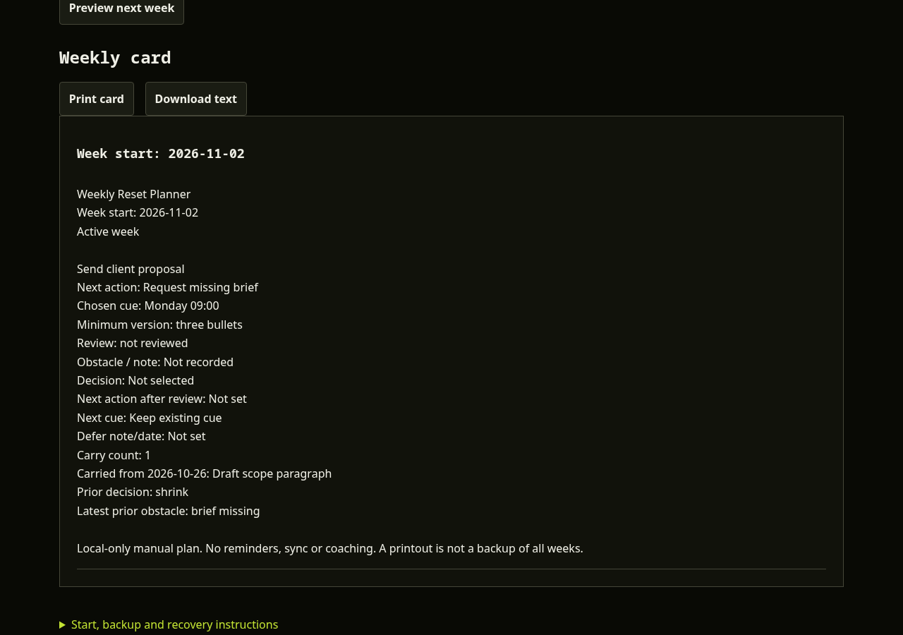 Weekly Reset Planner showing a carried proposal action and its prior wording